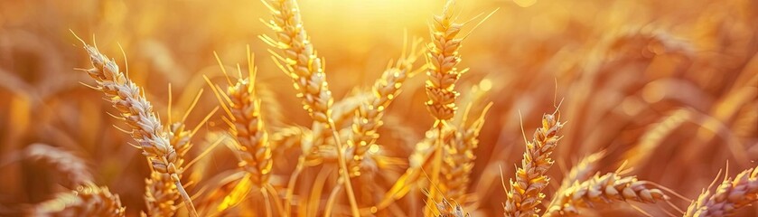 Golden wheat field illuminated by sunlight, capturing the beauty and abundance of agriculture during the harvest season.