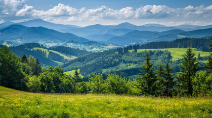 Wall Mural - Stunning mountain views with lush green trees and meadows. Picture-perfect summer scenery in Sadecki Beskids, Poland.