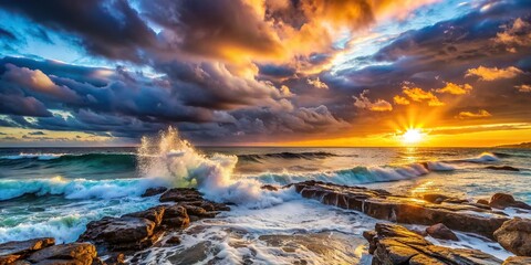 Wall Mural - Dramatic sunset sky above waves crashing on rocky coastline, sunset, spectacle, dramatic, clouds, dance, ocean, waves