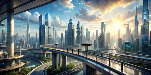 Wall Mural - An expansive view of a futuristic cityscape with elevated walkways, futuristic, cityscape, technology, elevated, walkways