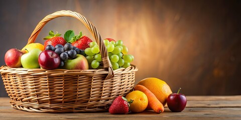 Wall Mural - Fresh fruit wicker basket on background, fresh, fruit, wicker, basket, healthy, apples, oranges, bananas, grapes