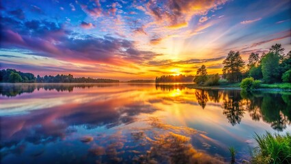 Serene landscape with colorful sunrise over calm lake , nature, sunrise, landscape, serene, peaceful, water, reflection, sky