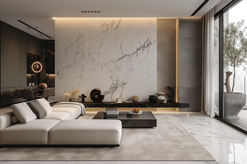 Wall Mural - Modern penthouse in New York City with minimalist design, featuring subtle marble textures, clean lines, and intricate details, showcasing the beauty of simplicity and clutter-free living.