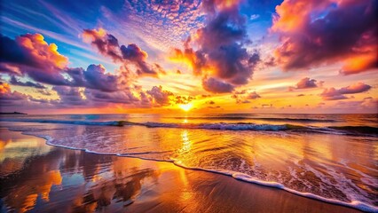 Wall Mural - Beautiful sunrise on the beach with vibrant colors reflecting on the water , sunrise, beach, ocean, waves, horizon, sand