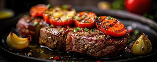 Wall Mural - Delicious grilled steak with roasted garlic and tomatoes, garnished with fresh herbs, served on a black plate.