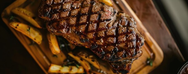 Wall Mural - Delicious grilled steak on a wooden board served with roasted potato wedges, garnished with herbs, perfect for a gourmet meal.