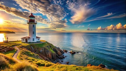 Wall Mural - Beautiful landscape with a lighthouse overlooking the bay, scenic, view, lighthouse, ocean, water, coastline, picturesque