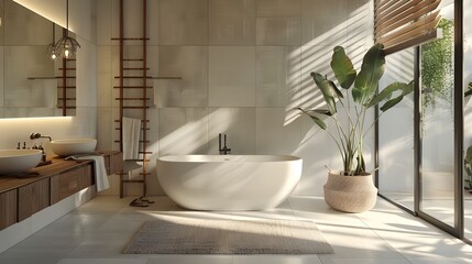 Wall Mural - Modern and elegant bathroom interior design with sunlight casting shadows on a serene morning 