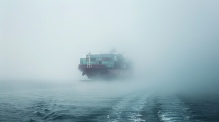 Wall Mural - A container ship navigating through foggy conditions on the open ocean, with mist swirling around the vessel and limited visibility, creating a sense of mystery and intrigue, with space for text 