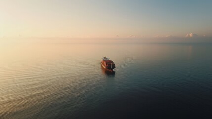 Wall Mural - An aerial view of a container ship cruising through calm waters, with the horizon stretching out in the distance and plenty of room in the sky and water for adding text or graphics 