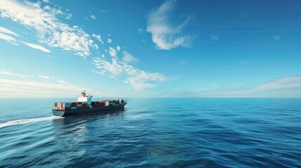 Wall Mural - A majestic container ship sailing across the vast expanse of the ocean, with a clear blue sky above and ample space in the sky for text or branding 