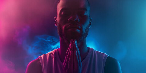 Handsome black man in prayer. Unique prayer concept with a fantasy vibrant ethereal colorful approach. Conceptual image of prayer and thankfulness. With copy space. Glowing light of god.