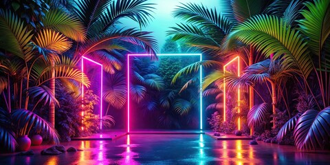Wall Mural - Vibrant neon lights in a tropical paradise setting , vivid, colorful, nightlife, vacation, tropical, vibrant, glowing, party, club