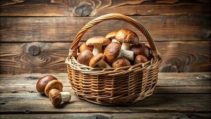 Wall Mural - Mushrooms in a rustic woven basket , harvest, foraging, organic, fungi, forest, woodsy, natural, autumn, fresh, food