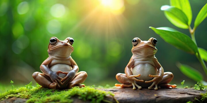 Meditating toads in serene yoga poses surrounded by nature, meditation, toad, relaxation, peace, harmony, mindfulness, amphibian