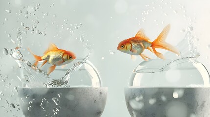 Escapist Goldfish jumping out of the aquarium with water splash