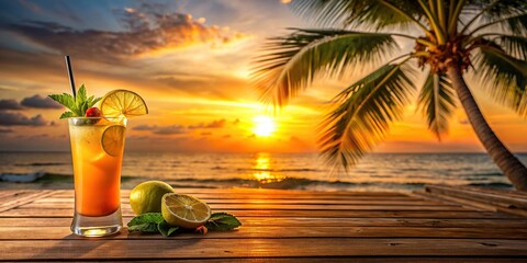 Canvas Print - Tropical beach cocktail with citrus slice and straw on wooden table overlooking palm trees at sunset, beach