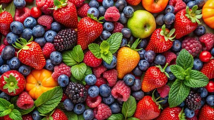 Wall Mural - A vibrant display of assorted fruits such as blueberries, strawberries, and raspberries, colorful, assortment