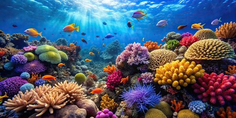 Wall Mural - Underwater shot of colorful coral reef teeming with diverse marine life, ocean, sea, water, marine biology