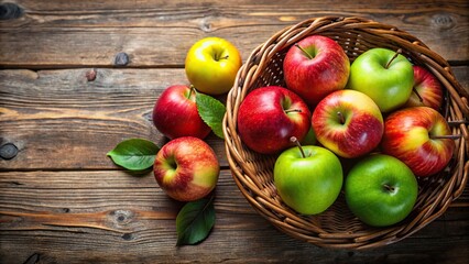 Wall Mural - Fresh red, green, and yellow apples in a rustic basket, Fruit, healthy, organic, harvest, colorful, juicy, delicious, market