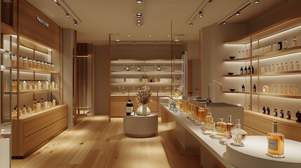 high-end perfume shop with a sensory testing area, minimalist displays of fragrance bottles, and a private consultation room