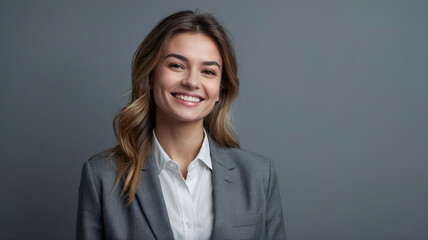 Happy young business woman posing isolated over grey wall background.