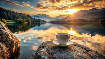 Wall Mural - A cup of coffee sitting on a rock overlooking a serene mountain lake at sunset, coffee, cup, sunset, mountains, lake, scenic