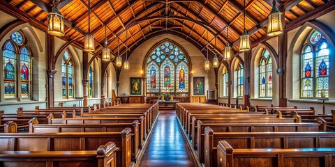 Wall Mural - Interior of a traditional church with ornate stained glass windows and wooden pews, church, interior