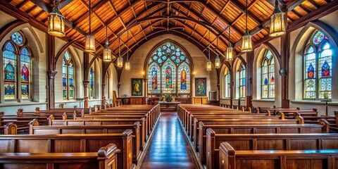 Interior of a traditional church with ornate stained glass windows and wooden pews, church, interior