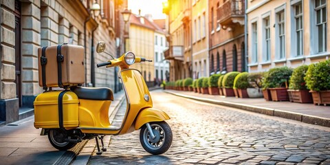 Wall Mural - Yellow scooter with luggage rack, parked on the street, scooter, yellow, luggage, travel, transportation, urban, city