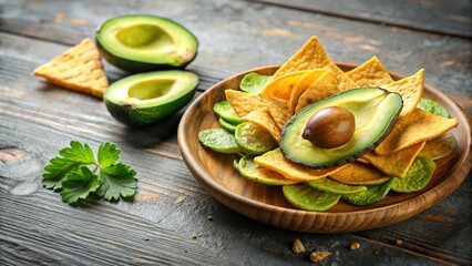 Fresh avocado slices served with crispy chips , avocado, chips, snack, appetizer, healthy, vegan, gluten-free, green, crunchy
