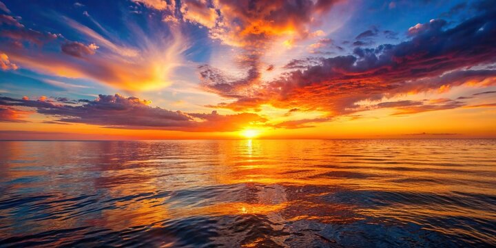 Vibrant sunset casting a warm glow over the calm sea , sunset, ocean, water, sky, horizon, reflection, dusk, tranquil