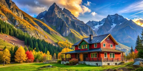 Wall Mural - Vibrant, colorful mountain retreat hidden in a picturesque landscape , vibrant, colorful, mountain, retreat, hidden