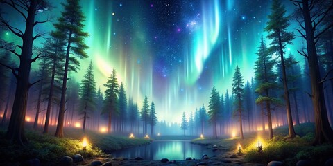 Wall Mural - Enchanted forest with glowing lights and aurora borealis at night, Enchanted forest, glowing lights, aurora borealis