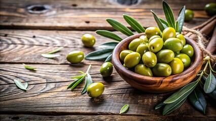 Fresh green olives with leaves on a rustic wooden table , healthy, Mediterranean, food, organic, diet, cooking, ingredient