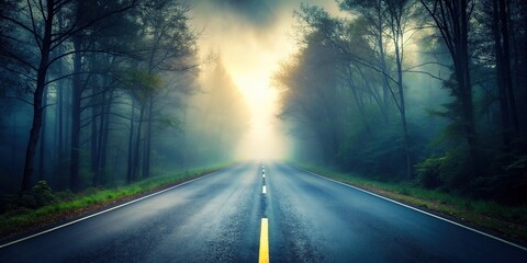 Wall Mural - A mysterious road disappearing into the fog , fog, mist, eerie, atmospheric, deserted, highway, transportation, weather, empty