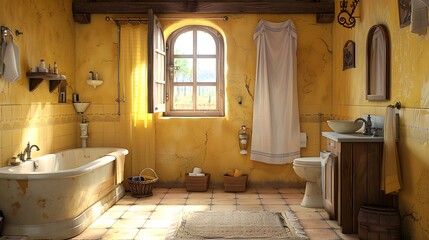 Wall Mural - A cozy and rustic bathroom interior with sunlight streaming through the window creates a warm and inviting atmosphere. 