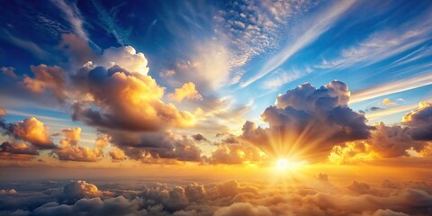Wall Mural - Expansive sky with fluffy clouds and a soft, glowing sunrise, sky, clouds, sunrise, nature, peaceful, tranquil, beauty