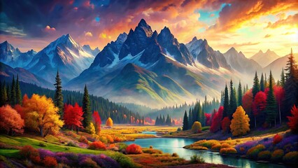 Wall Mural - Colorful mountains landscape with vibrant hues and intricate details, mountains, landscape, colorful,background, nature