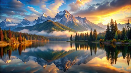 Wall Mural - Mountain scene painting with a serene lake reflection , landscape, artwork, water, nature, mountains, peaceful, scenic, art
