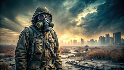 Soldier wearing gas mask standing in a post-apocalyptic landscape , warfare, protection, survival, military, soldier, uniform