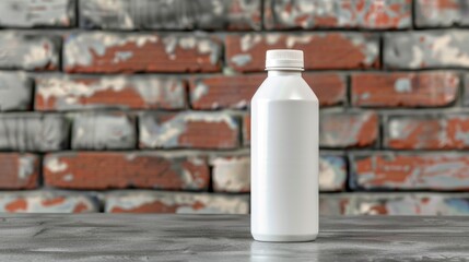 Poster - White beverage container on gray surface in front of brick wall with plain cap