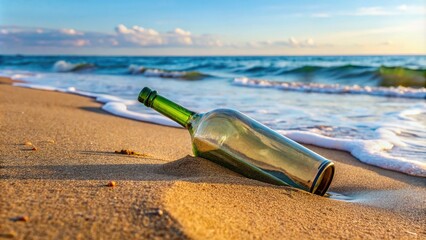 Poster - Wine bottle with message in a glass container lying washed up on sandy beach , Wine, bottle, beach, sand, message, glass