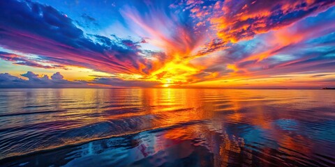 Wall Mural - Vibrant sunset over the ocean with colorful reflections on the water, sunset, sea, ocean, horizon, sky, clouds, vibrant