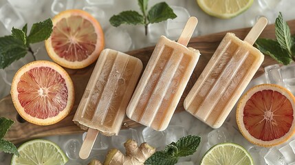 Wall Mural -   Grapefruit, lime, and ginger popsicle topped on ice with mint garnish