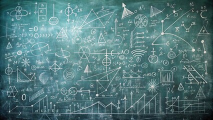Mathematical symbols and physics equations on a chalkboard, creating an abstract background and , education, science