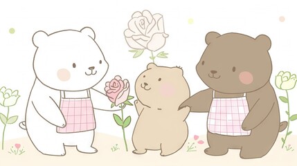 Sticker -   A pair of bears standing beside a pink rose and a pink and white rose