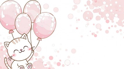 Wall Mural -   An image depicting a cat soaring through the sky with heart-shaped balloons against a pink backdrop, surrounded by heart-shaped bubbles