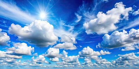 Wall Mural - Blue sky with fluffy white clouds on a sunny day, blue, sky, clouds, white, fluffy, sunny, weather, nature, peaceful, serene