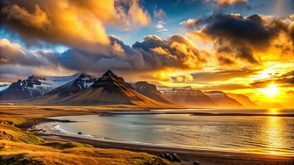 Wall Mural - Golden horizon sunset majesty over Iceland's mountains and coast , Golden, horizon, sunset, majesty, Iceland, mountains